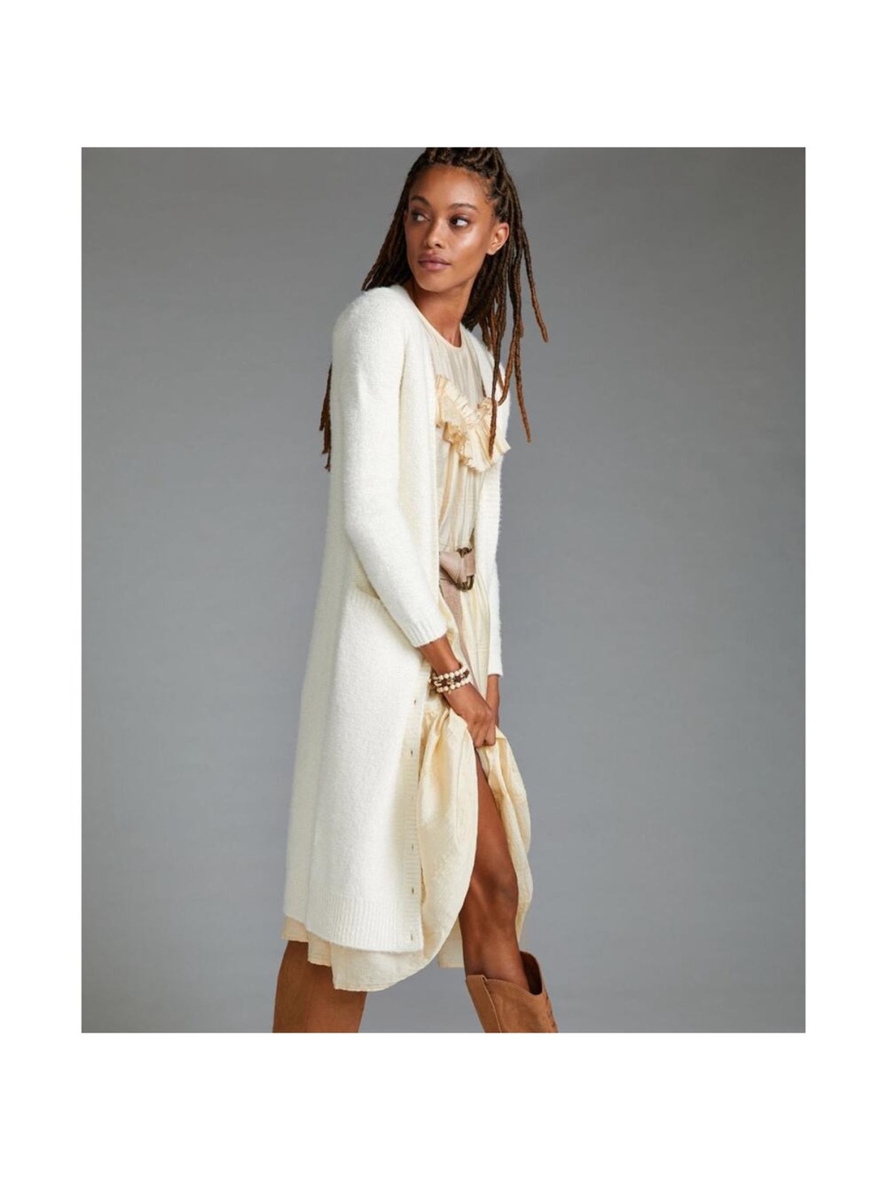 Pilcro Cream Long Open-Front Knit Cardigan